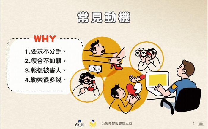 內政部警政署製作「認識數位網路/妨害秘密等新型態跟蹤騷擾犯罪」宣導海報圖片